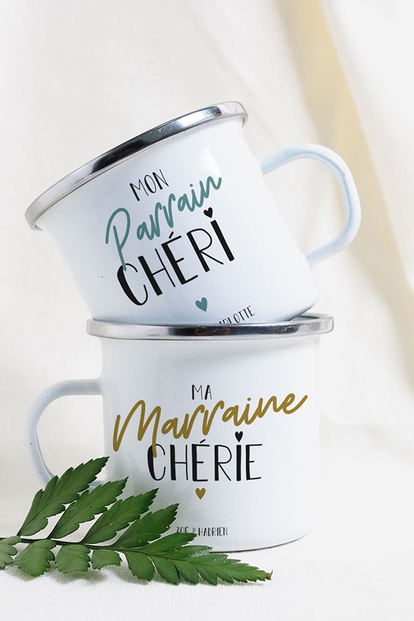 Duo de mugs émaillés - Parrain chéri Marraine chérie