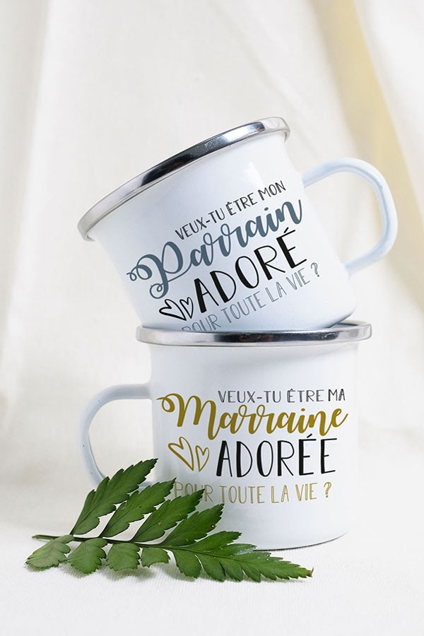 Duo de mugs émaillés - Veux-tu être mon Parrain/Marraine pour toute la vie ?