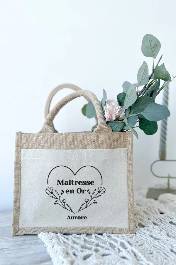 Petit sac en jute et coton personnalisé | Maîtresse en or