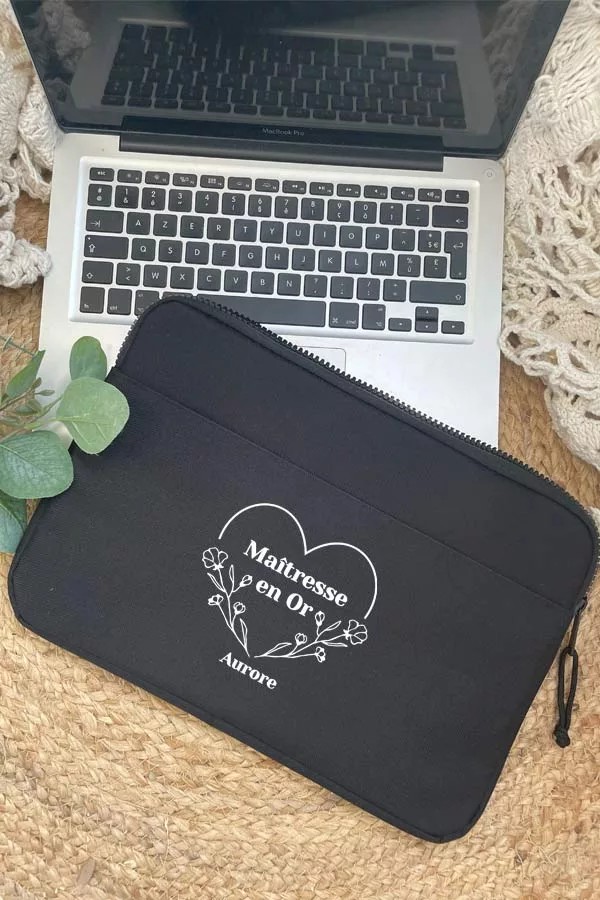 Housse d'ordinateur noir personnalisée | Maîtresse fleuri