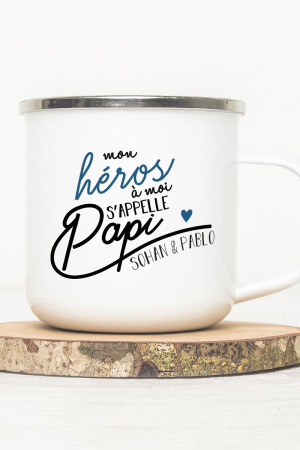 Mug vintage métal | Mon héros à moi s'appelle Papi - Bleu