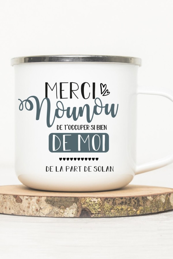 Mug vintage métal personnalisé | Merci Nounou - Gris